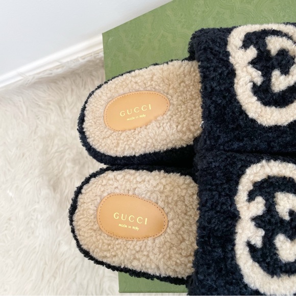 Gucci Elea Shearling GG Interlocking G Platform Slide Wedge Black Butterscotch - Picture 7 of 9